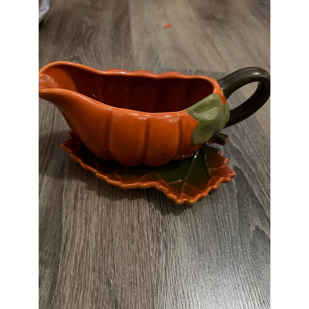 Vintage Pumpkin Gravy Boat & Leaf Dish Set Fall Thanksgiving Decor